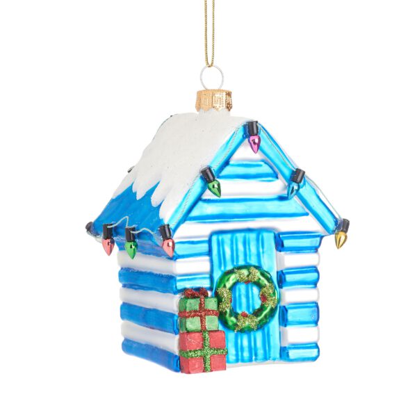 Blaue und weiße Strandhaus-Weihnachtskugel