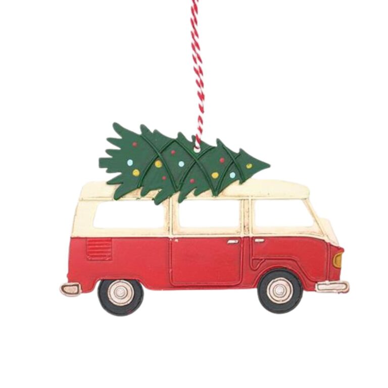 Busje met kerstboom metalen hanger